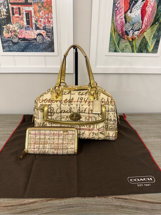 Coach Handbags - Vintage Coach Graffiti Tattersall Chelsea Satchel & Wallet Set Gold Y2K F13186